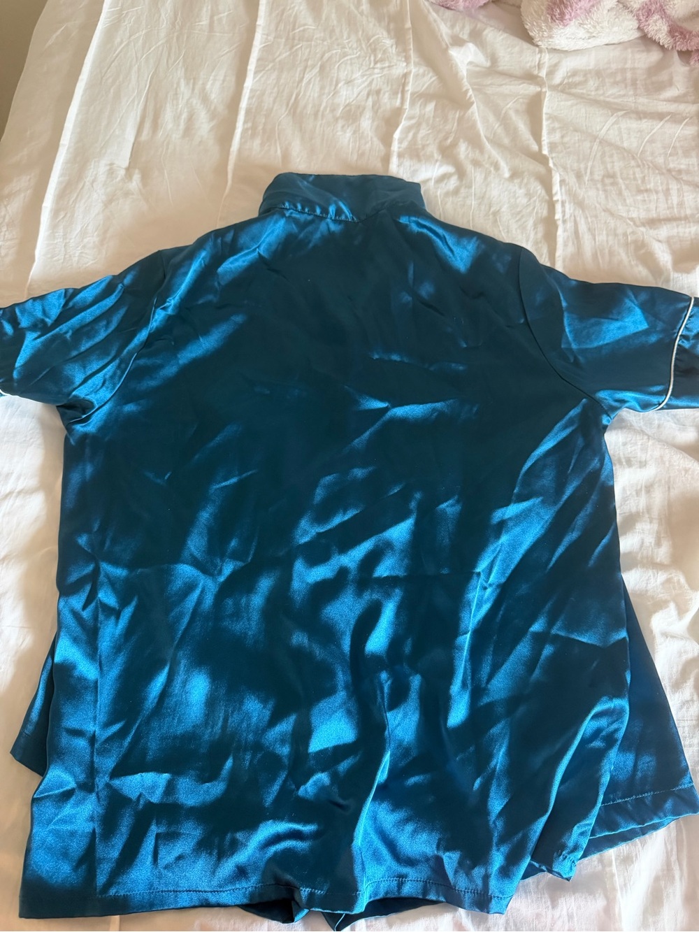 Silk Teal Short Sleeve Pajama Set with White Details - Picture 6 of 8